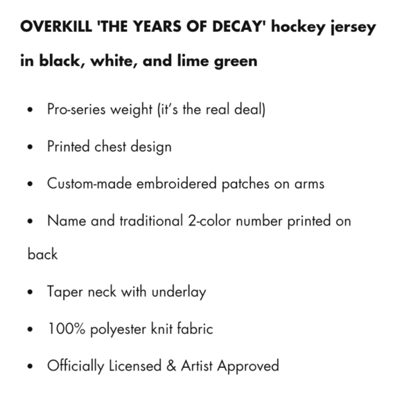 AUTHENTIC PUCK HCKY OVERKILL 'THE YEARS OF DECAY' HOCKEY JERSEY 3XL SKULL - Picture 4 of 12